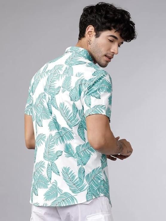 Men's Printed Half Sleeves Spread Collar Casual Shirt White & Light Green